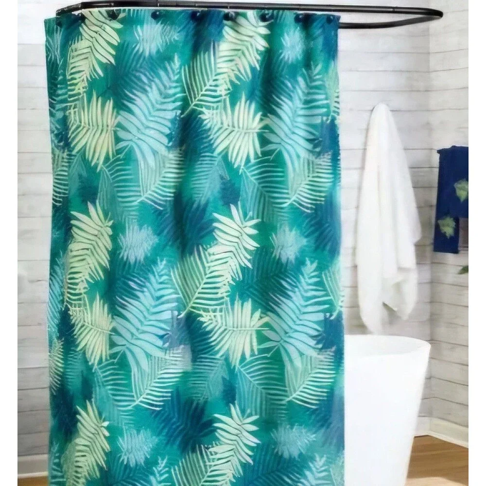 Shower Curtain Palm Leaves Fabric Teal Green Summer Beach